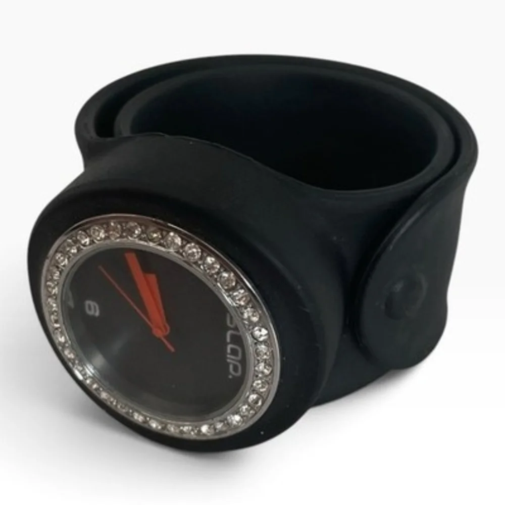 Slap Watch Black Rhinestone Bezel Silicone Slap Bracelet Watch EXC